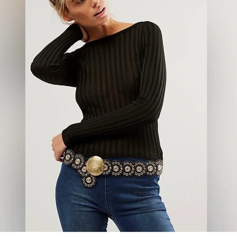 Free People Ribbed Low Back Cross Tie Long Sleeve Top Size Small NWT